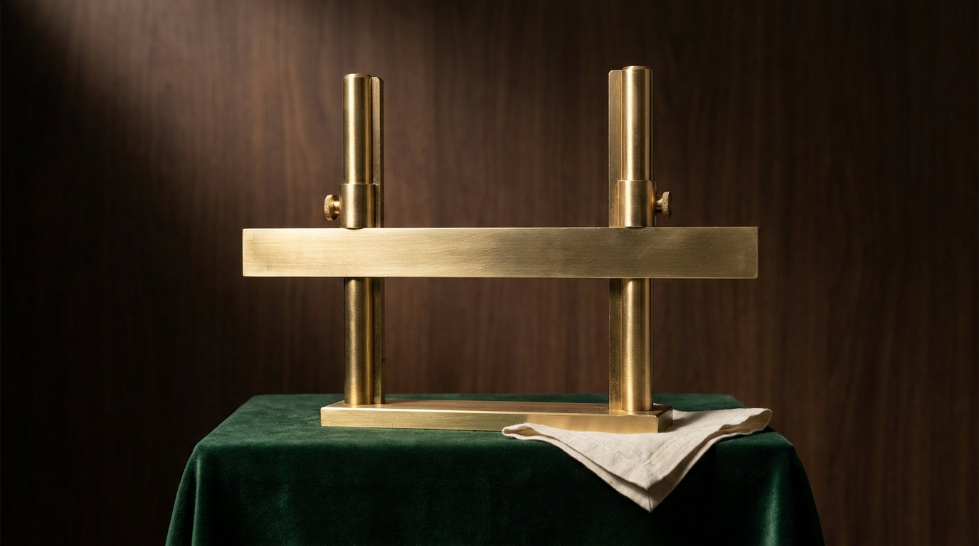 A machined brass set-bar fixed at a threshold height on a pedestal against deep forest velvet, dramatically side-lit
