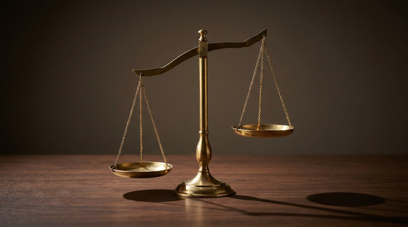 A polished brass beam-balance scale on dark walnut, one pan lower than the other, lit by a single dramatic side light