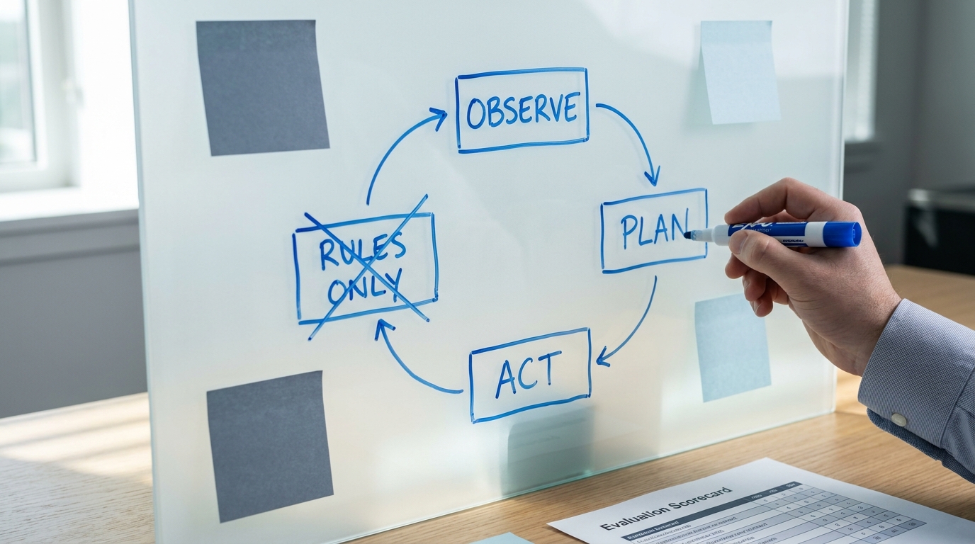 Whiteboard diagram of an observe, plan, act agent loop next to a crossed-out rigid rules box