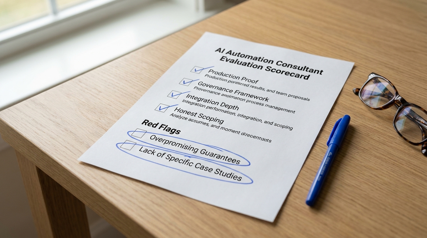 Printed consultant evaluation scorecard on a desk with hand-marked checks and a circled red-flags list