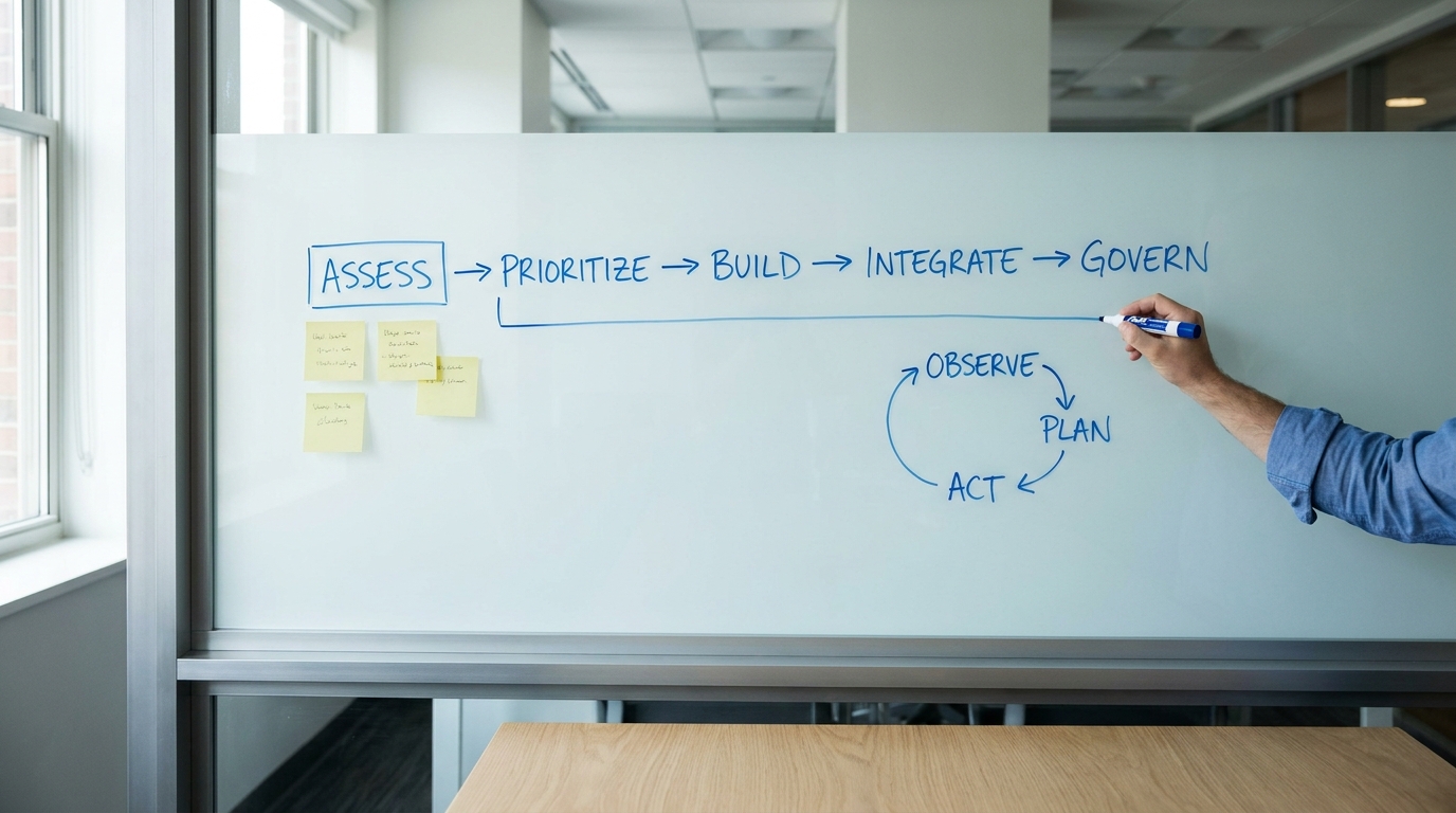 Hand drawing an AI automation lifecycle and observe-plan-act agent loop on a glass office whiteboard