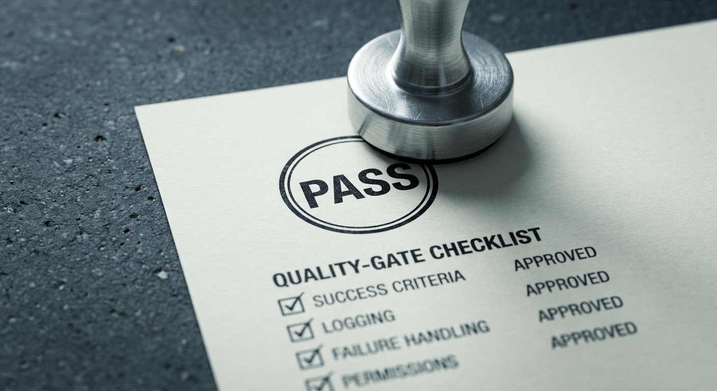 Close-up of a rubber stamp printing PASS onto a quality-gate checklist of ticked criteria on ivory paper