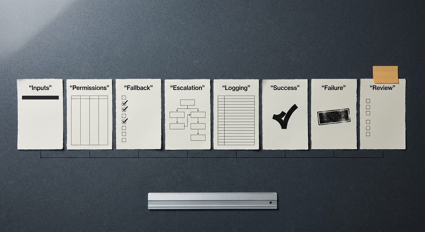 Overhead flat-lay of eight labeled operating-procedure documents in a row on a slate desk, connected by a thin ink line