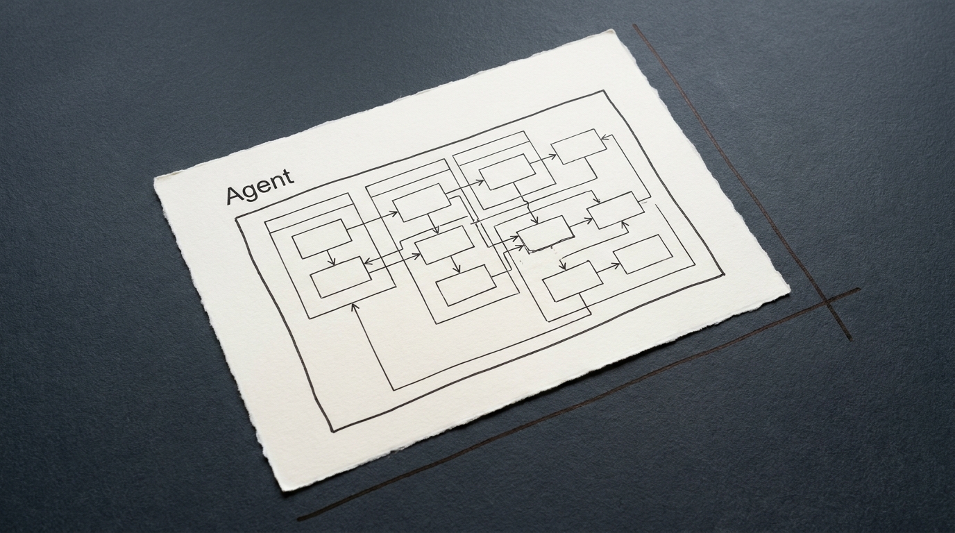 Close overhead view of a printed multi-step workflow diagram labeled Agent showing connected process steps inside a drawn boundary