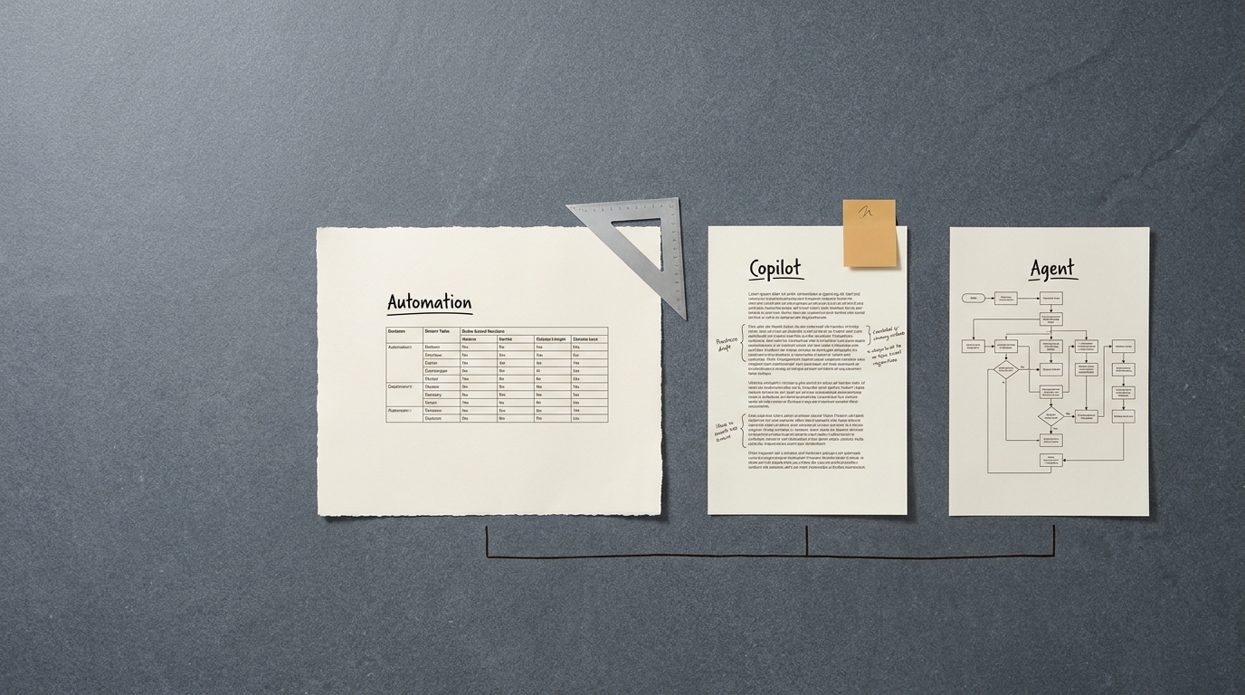 Overhead flat-lay of three printed documents labeled Automation, Copilot, and Agent, arranged in a row on a slate worktop