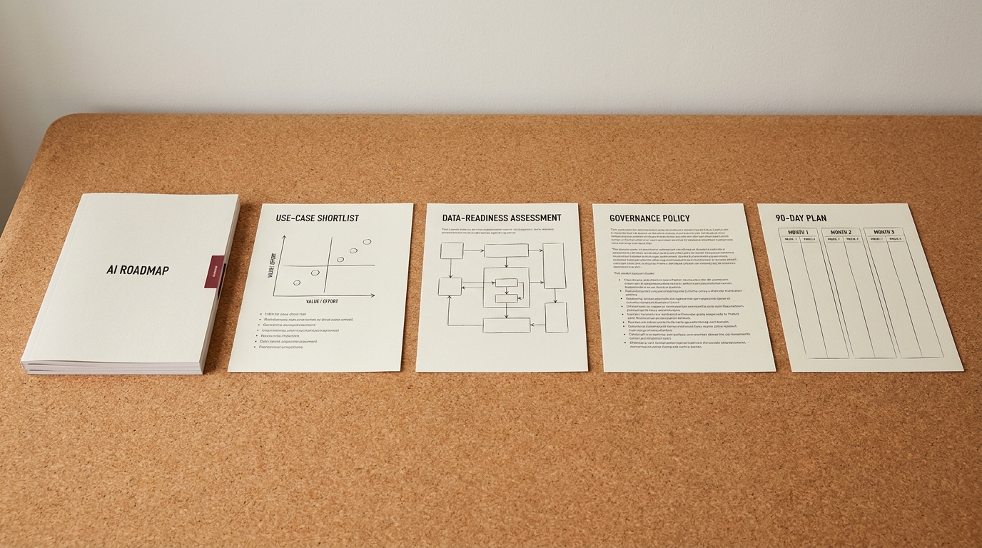 Overhead flat-lay of five consulting deliverable documents: roadmap, ranked use-case list, readiness assessment, governance plan, 90-day plan