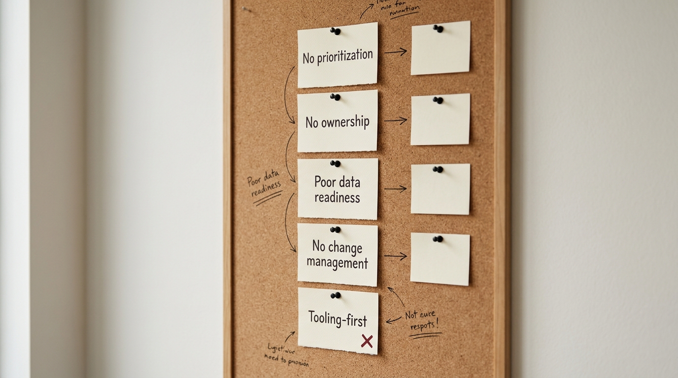 A cork board with five pinned cards naming AI-project failure causes, each paired by a hand-drawn arrow to a countermove card