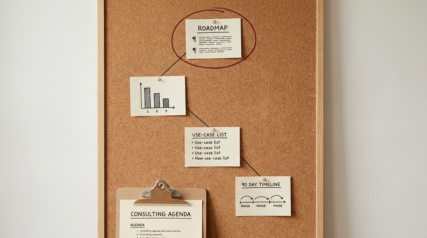 A cork strategy board pinned with roadmap and ranked use-case cards connected by ink lines, one priority card circled