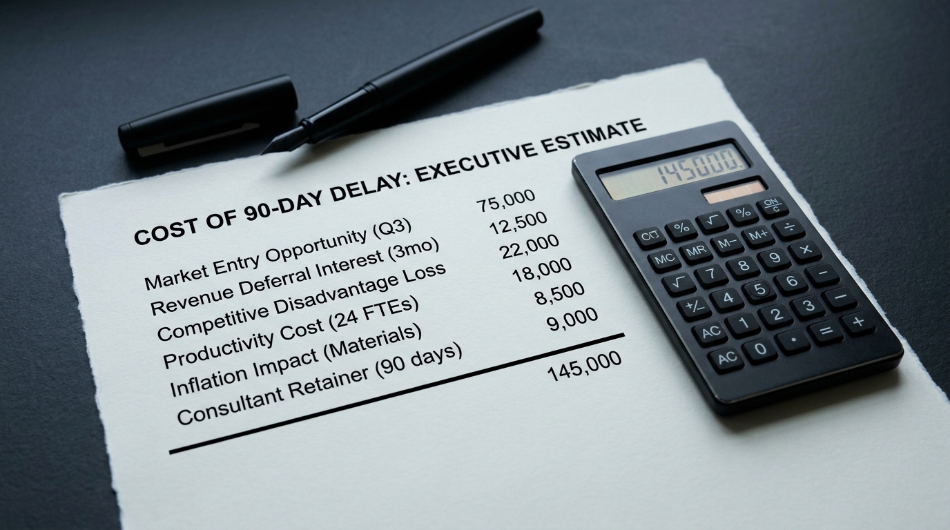 A printed 90-day cost worksheet with six line items totaling about 145,000, a calculator and a fountain pen on a slate desk