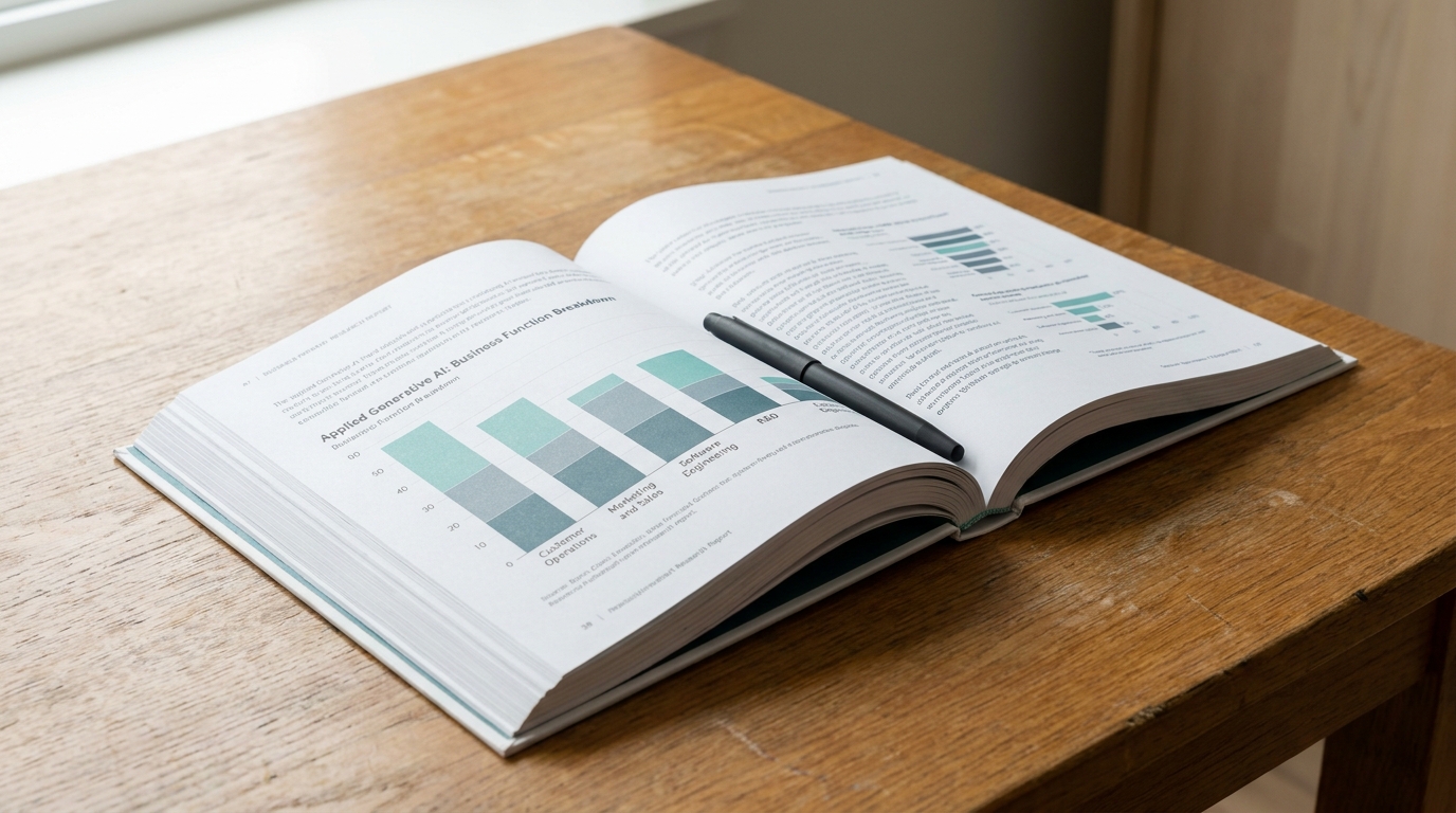 An open printed research report on a wooden desk showing bar charts breaking value down by business function