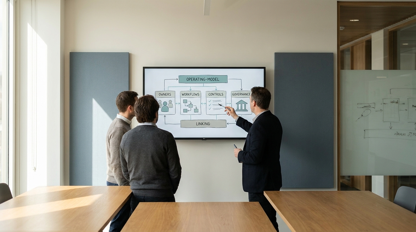A team standing at a large wall screen showing an operating-model map with linked boxes in a planning room