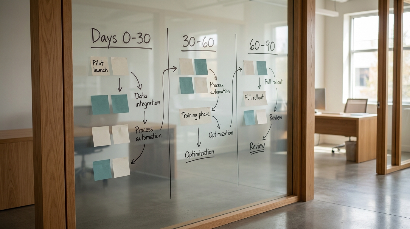A glass wall with a hand-drawn 90-day timeline in three columns with sticky notes and milestone arrows