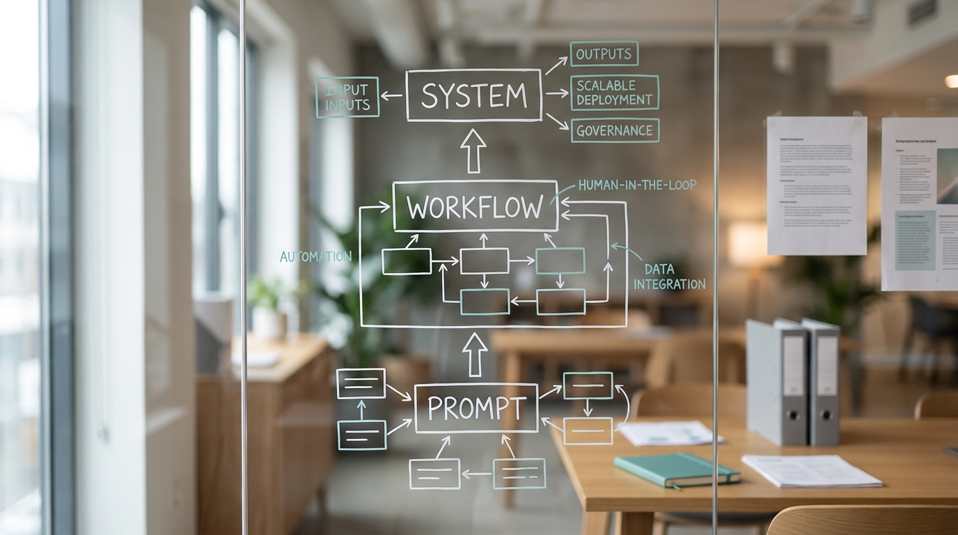 A glass office wall with a hand-drawn diagram showing three stages, Prompt then Workflow then System, connected by upward arrows