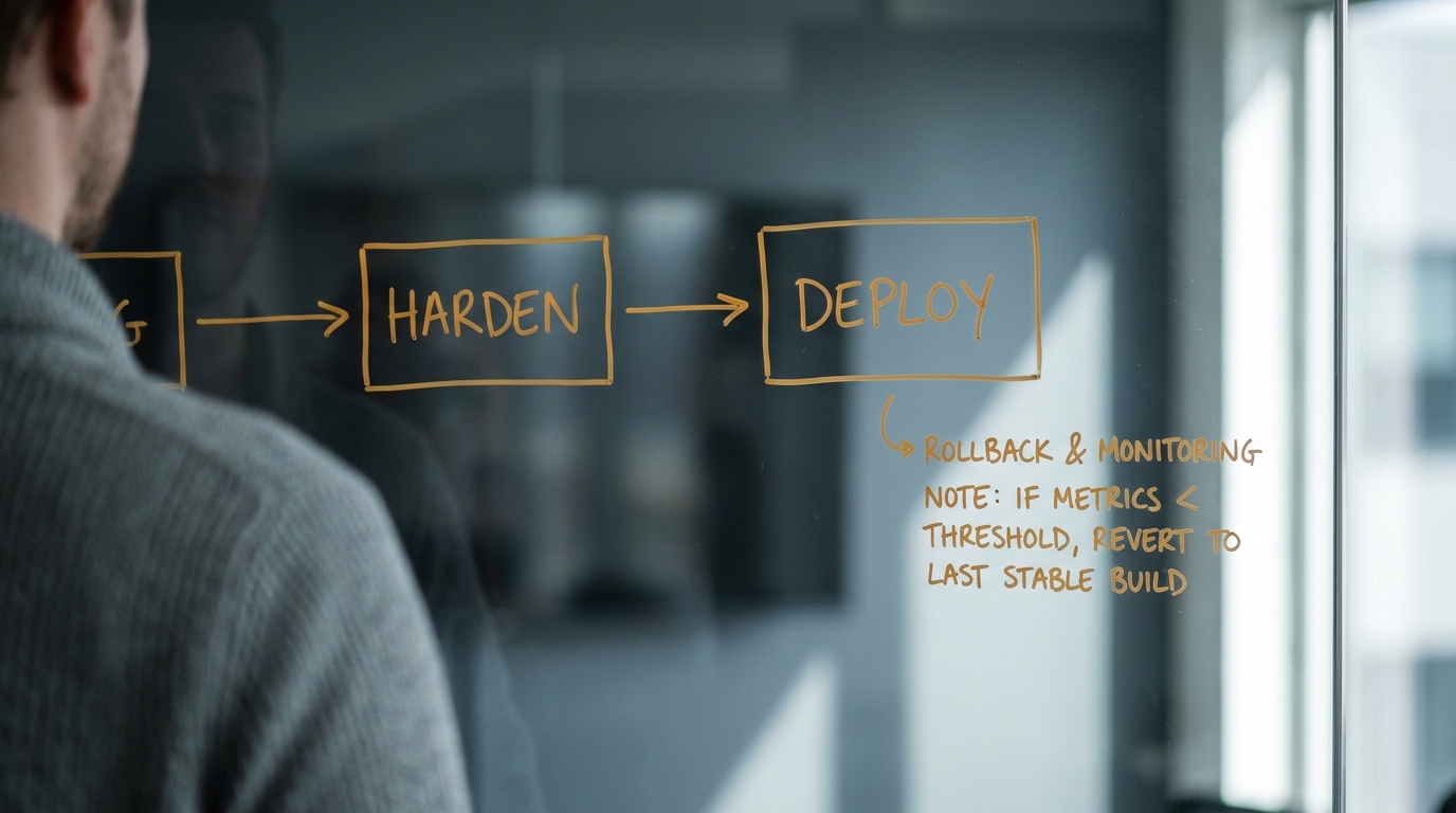 Close-up of the harden and deploy boxes at the end of a hand-drawn delivery pipeline on a glass wall, with a rollback annotation.