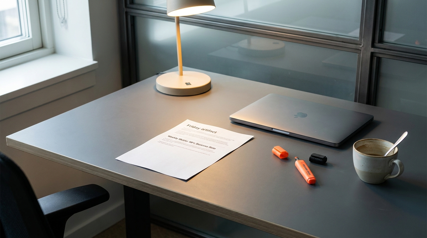 A desk with a printed one-page scoped-problem sheet showing a single success metric, a closed laptop, a marker, and a coffee cup.