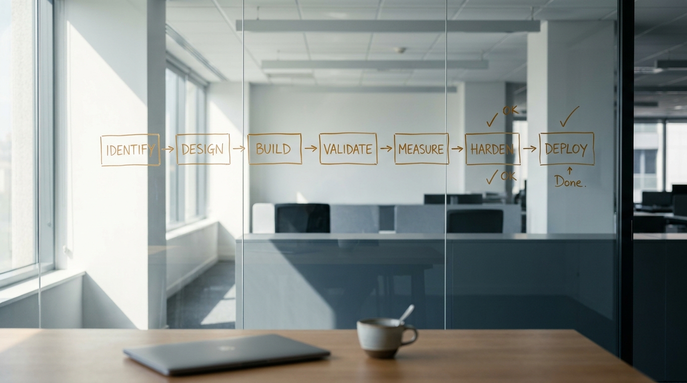 A hand-drawn seven-stage delivery pipeline on a glass office wall, marker boxes linked by arrows, viewed across an empty meeting room.