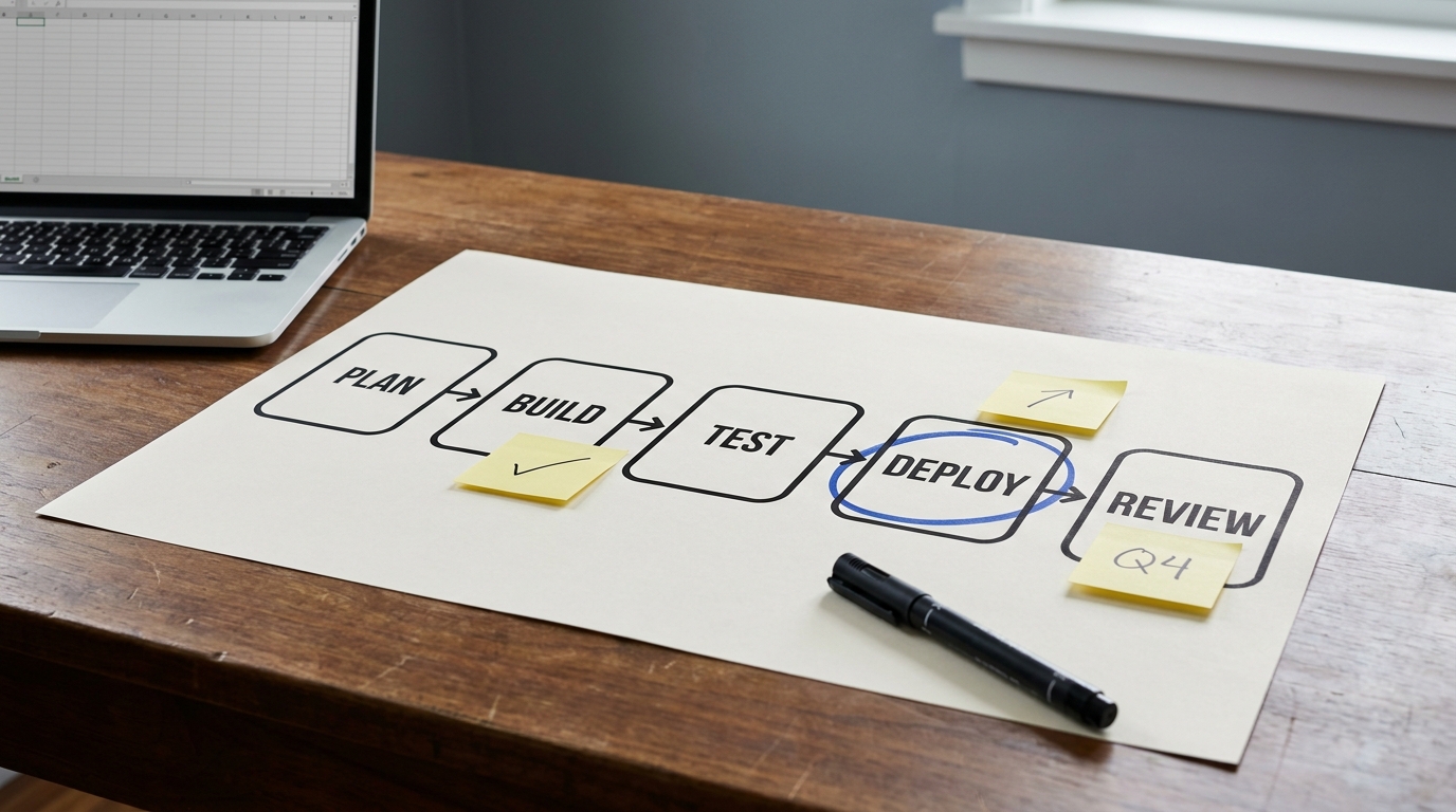 A printed process map with sticky notes and hand annotations on a desk beside a marker and a laptop showing a workflow view