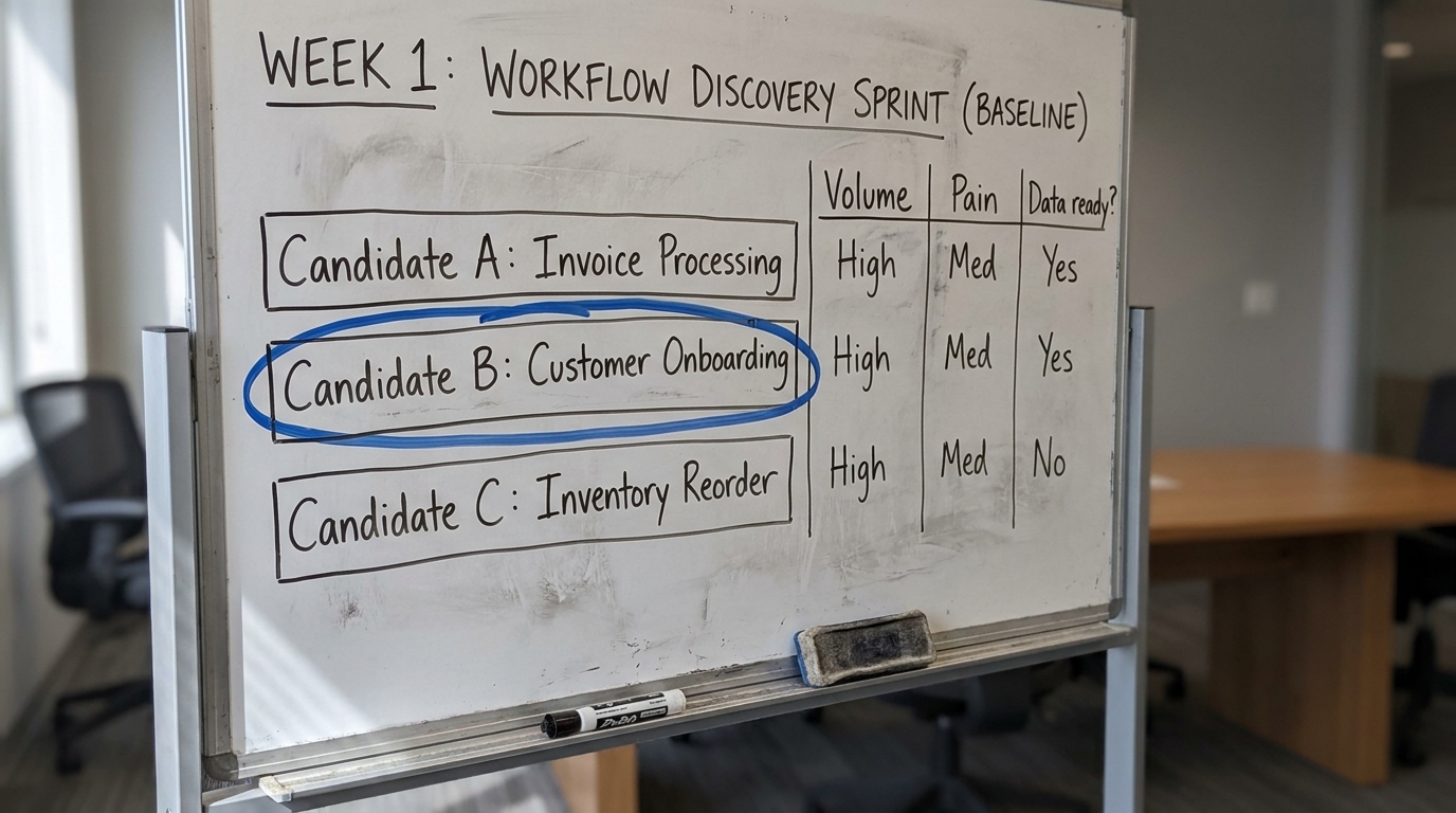 A whiteboard scoring three candidate workflows on volume, pain, and data readiness with one circled as the pick