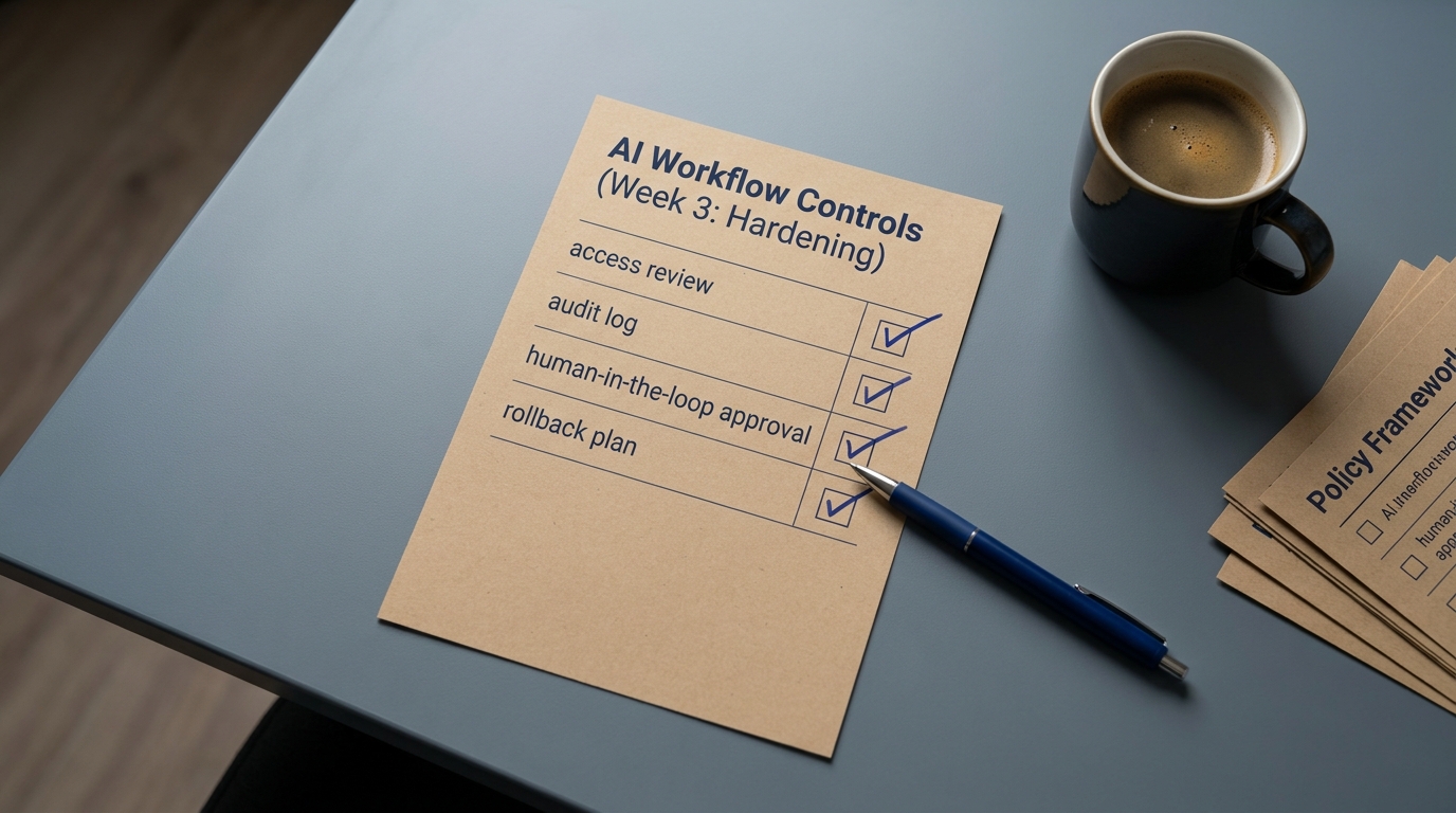 A printed controls checklist on a desk with access review, audit log, and rollback rows ticked in pen