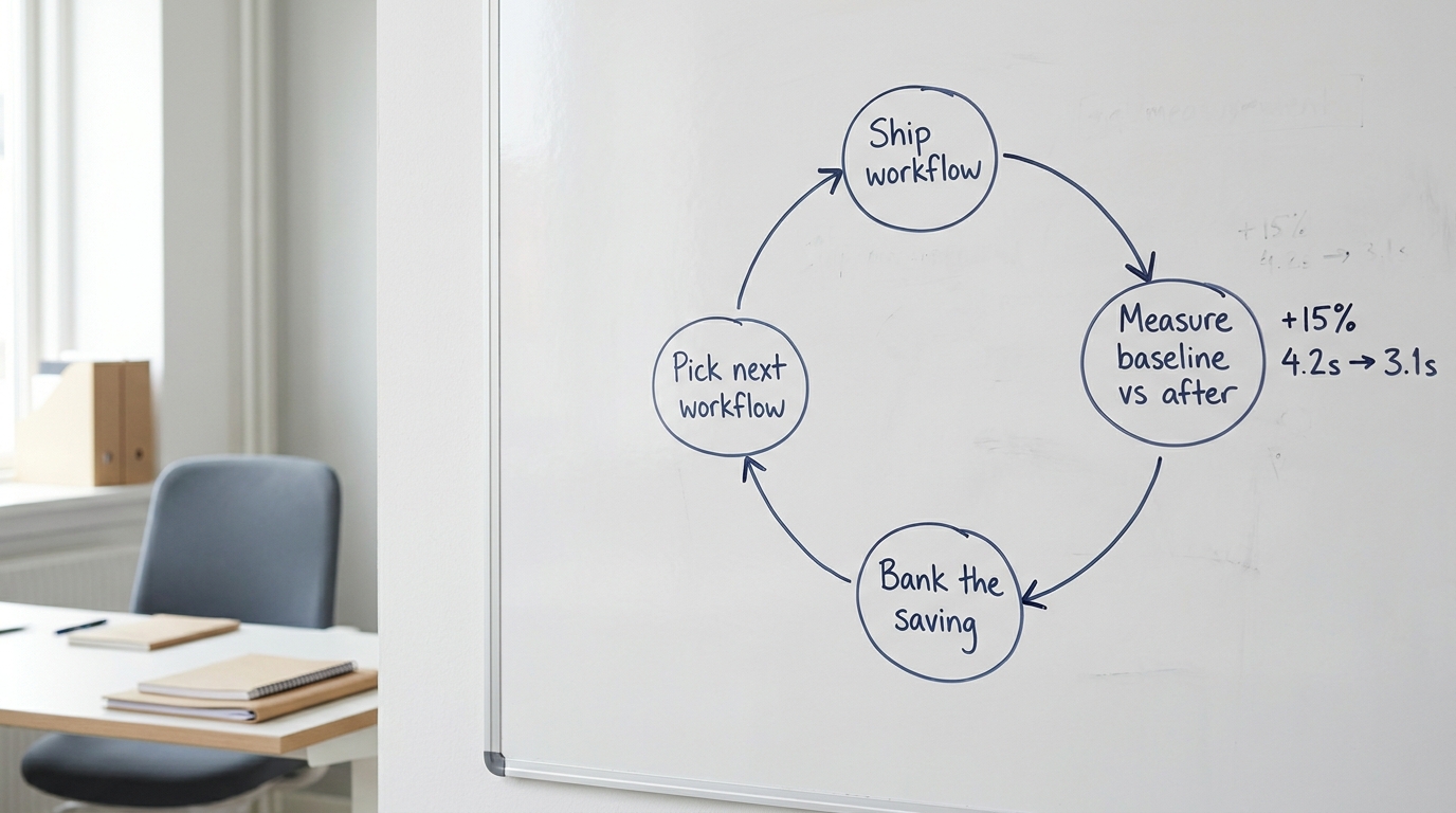 A whiteboard loop diagram: ship, measure, bank the saving, pick next workflow, with arrows cycling back to the start