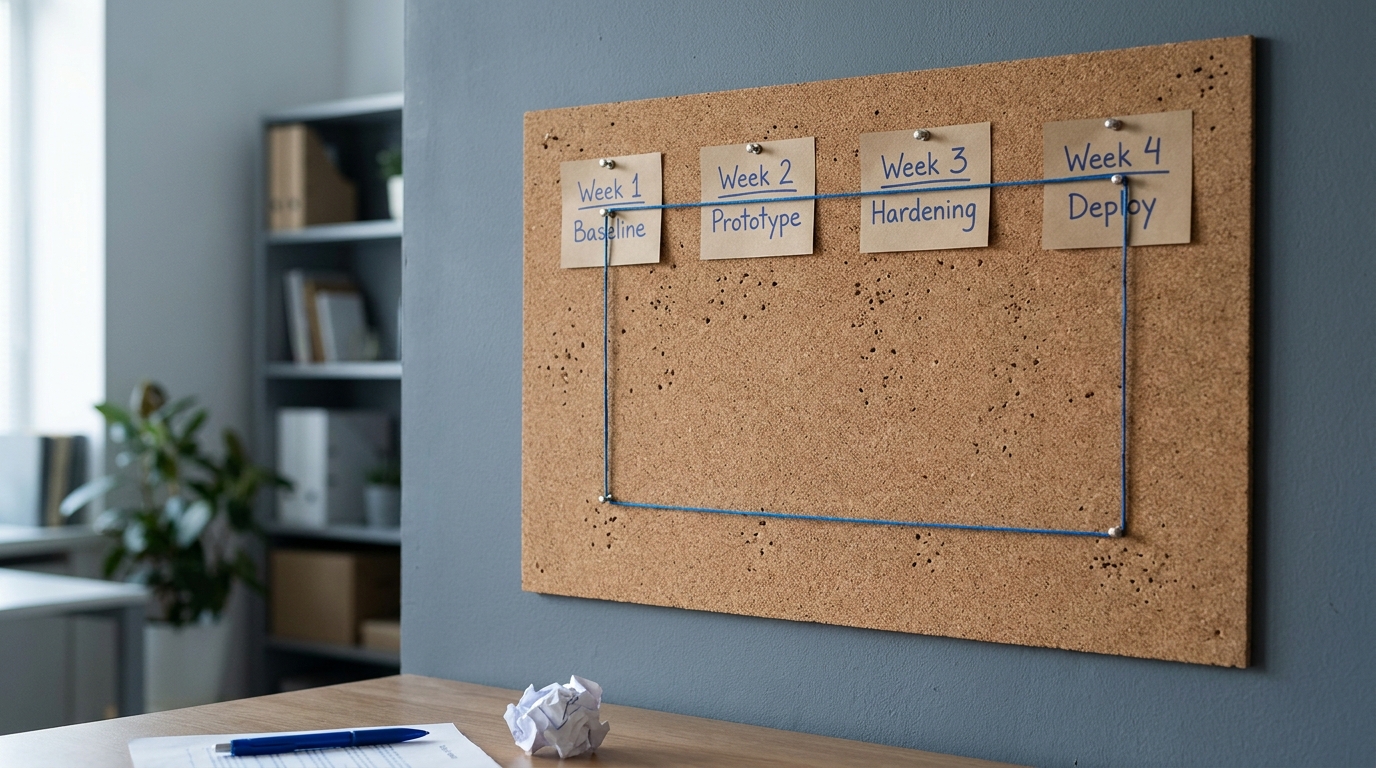 A cork planning board showing a four-week AI roadmap of index cards connected by string into a closed loop