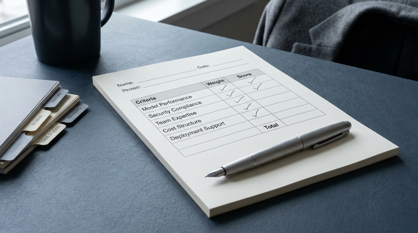 A printed partner-evaluation scorecard with ruled criteria rows and ink check-marks on a slate desk beside a metal pen