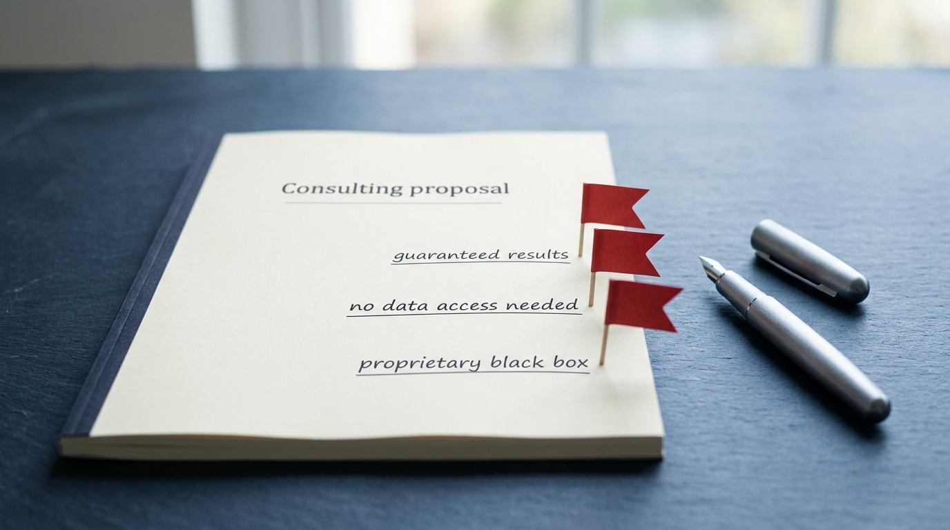 A printed consulting proposal with three red flags marking suspect clauses like guaranteed results, unsigned, on a slate desk