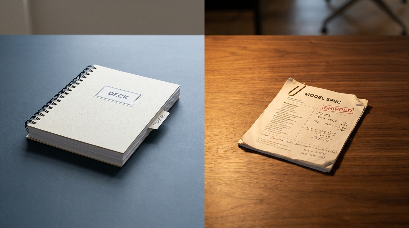 A split image contrasting a thick unopened slide deck labeled Deck against a worked one-page spec stamped Shipped