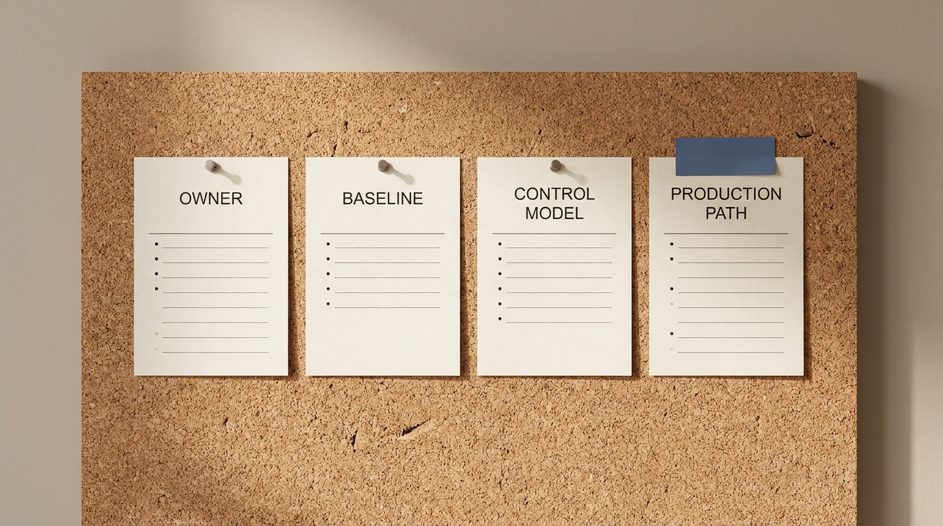 A cork board with four pinned cards labeled Owner, Baseline, Control Model, and Production Path in a row