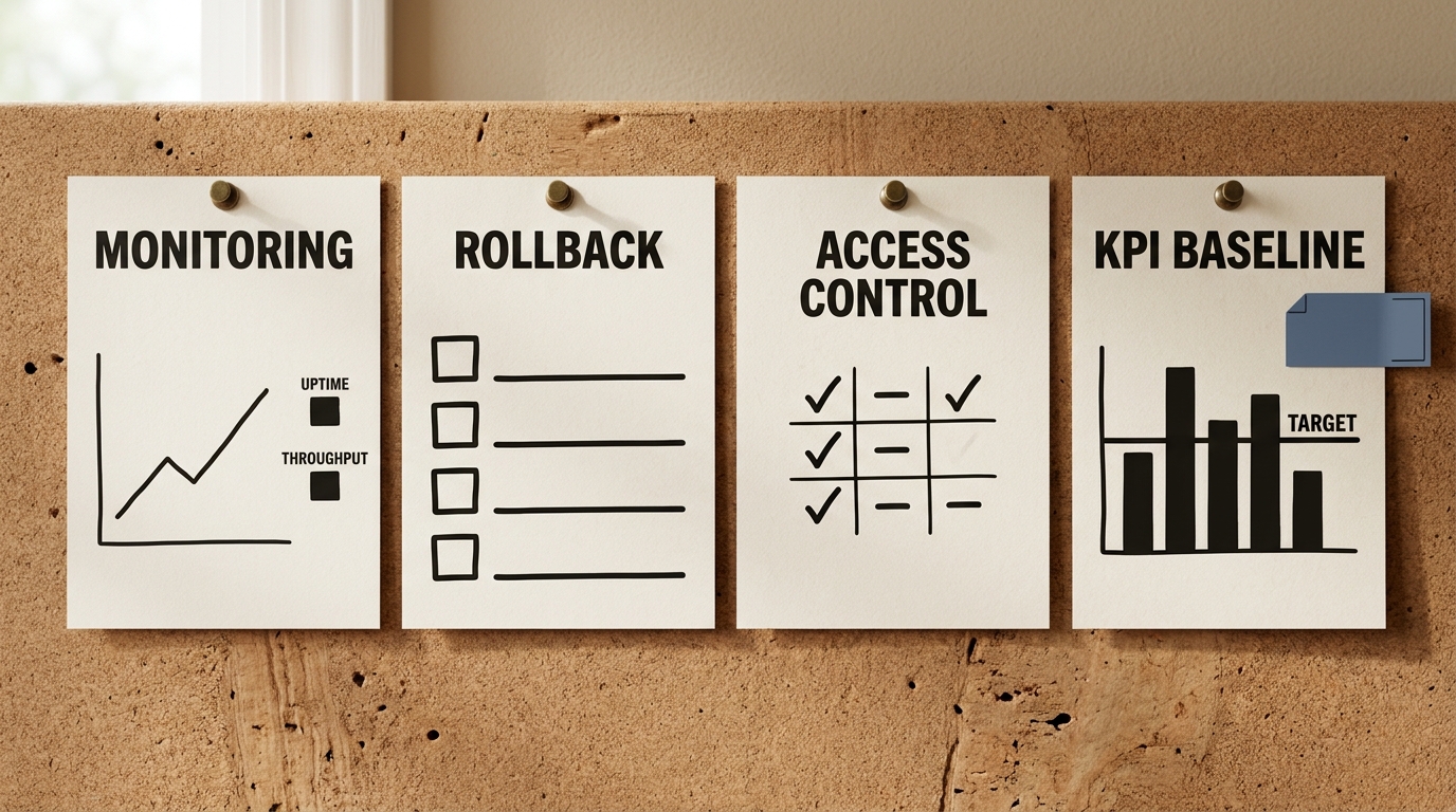 An overhead row of printed process documents showing a monitoring dashboard, rollback checklist, and KPI chart