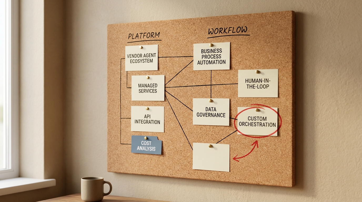 A cork strategy board with pinned cards in PLATFORM and WORKFLOW columns, one workflow card circled in red ink