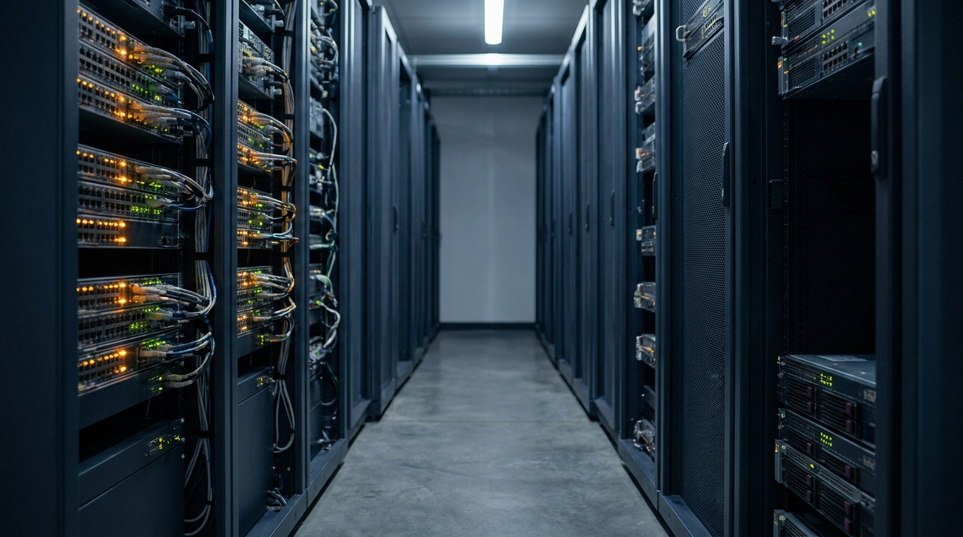 A data-center server-rack aisle with cabling and amber and green status lights, standing for AI systems running in production