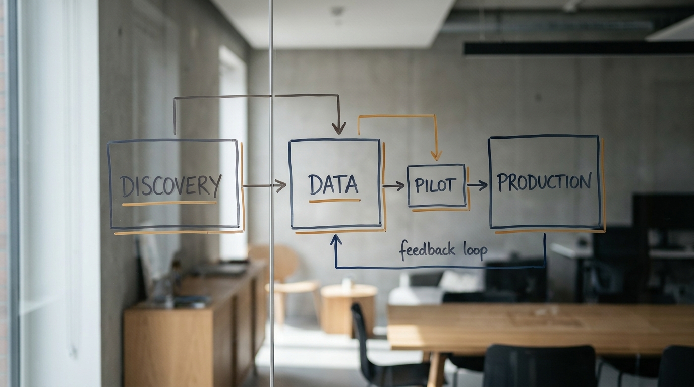 A glass wall with a hand-drawn architecture diagram labelling discovery, data, pilot, and production stages linked by arrows