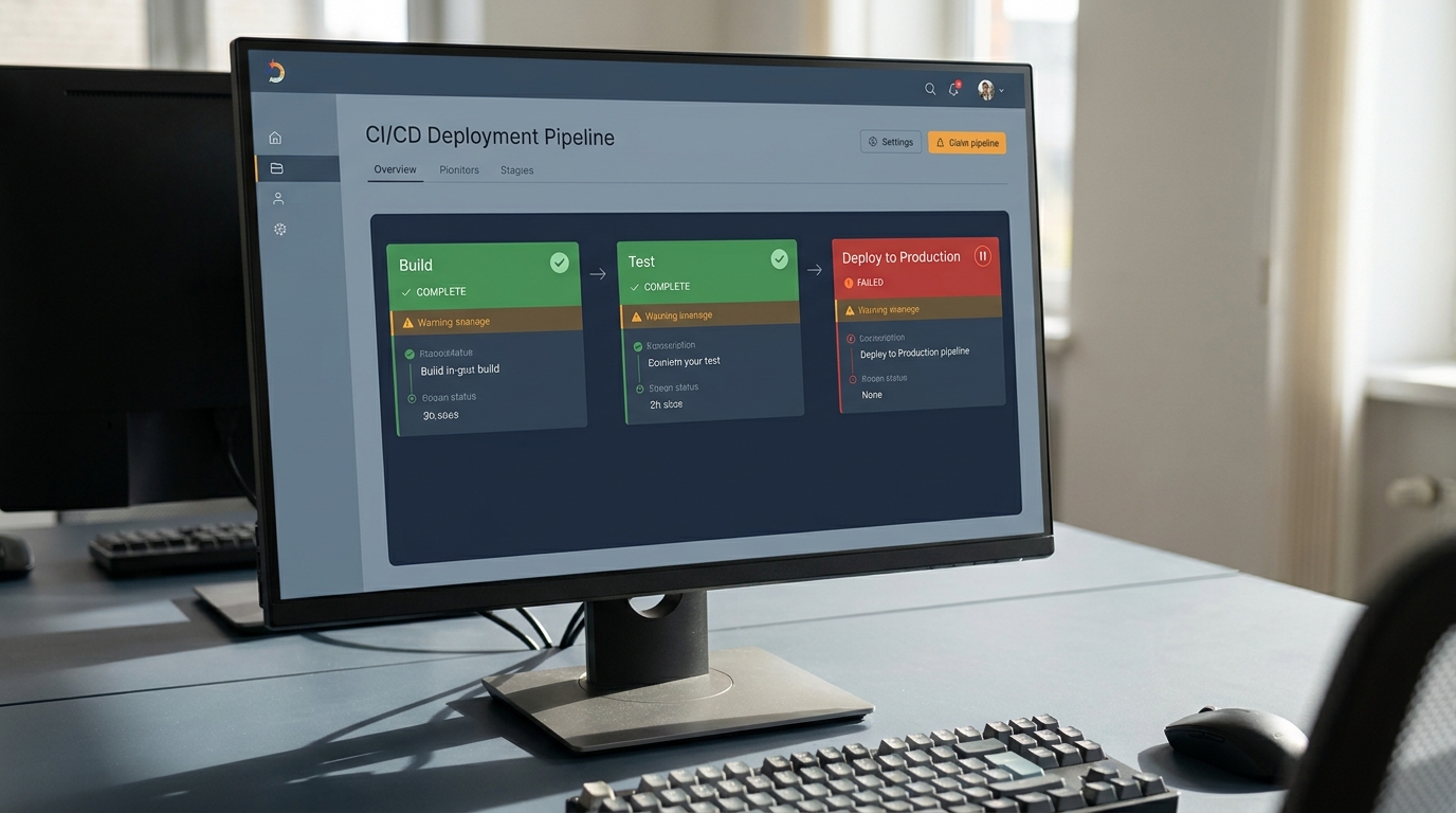 A monitor showing a deployment pipeline where build and test passed but the deploy-to-production stage is flagged red and paused