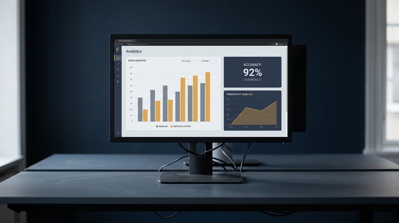 A monitor showing an evaluation dashboard comparing baseline against a deployed AI system with before-and-after metrics and an A/B result