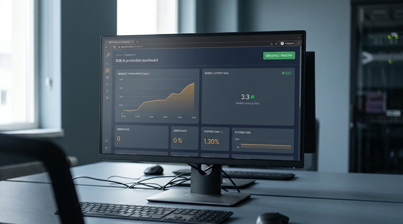 A monitor on a desk showing a live AI production dashboard with throughput graphs, a latency panel, and a green healthy-deployment status