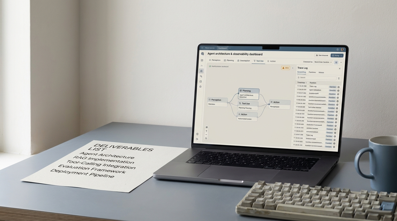 A laptop showing an agent-architecture dashboard next to a printed deliverables checklist on a desk