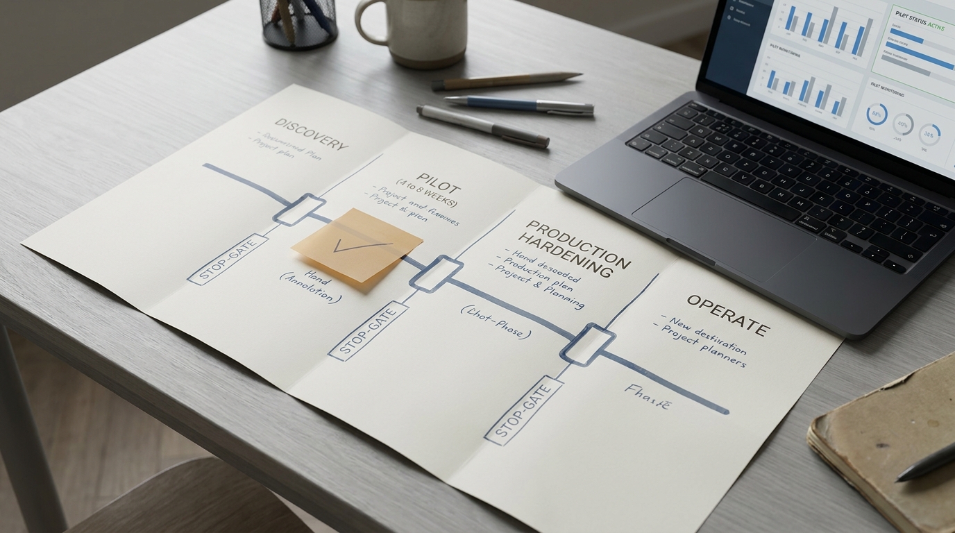 A printed four-phase project plan with stop-gates beside a laptop showing a pilot dashboard on a desk