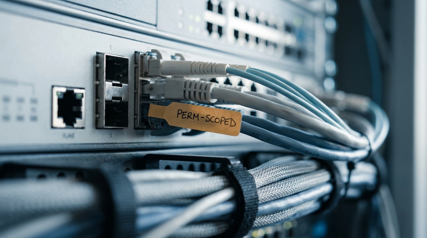 Macro close-up of a network switch and server-rack ports with neat cabling and one port tagged amber
