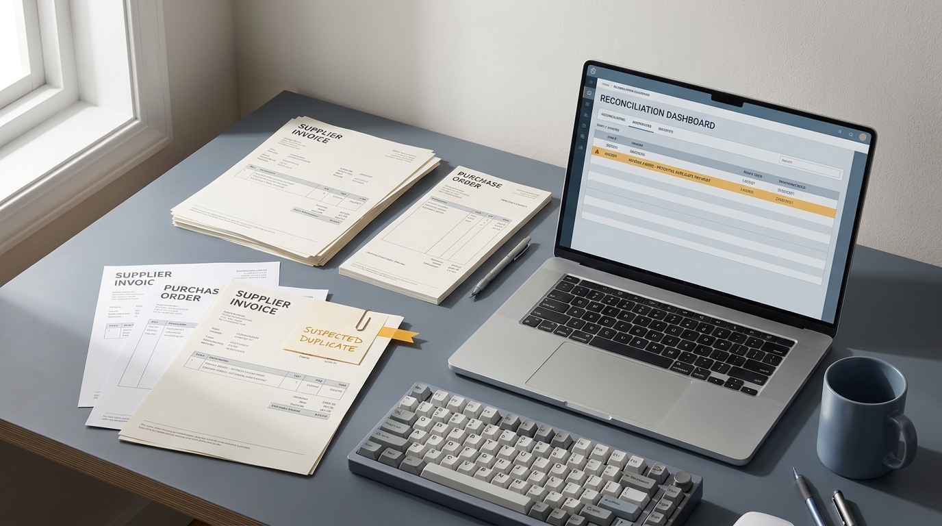 Printed supplier invoices matched to purchase orders beside a laptop showing a reconciliation dashboard with an amber duplicate-payment flag