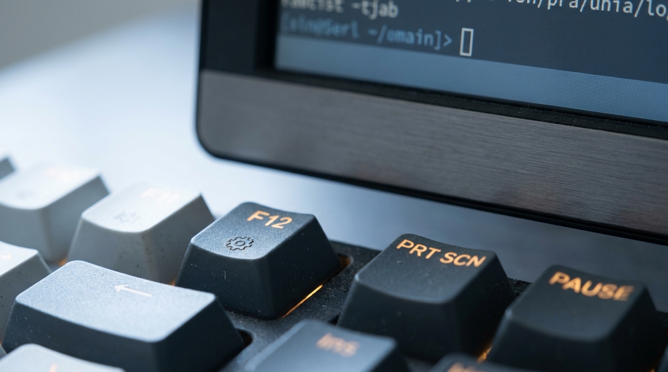Extreme close-up of a backlit mechanical keyboard with a monitor edge showing a code editor behind it