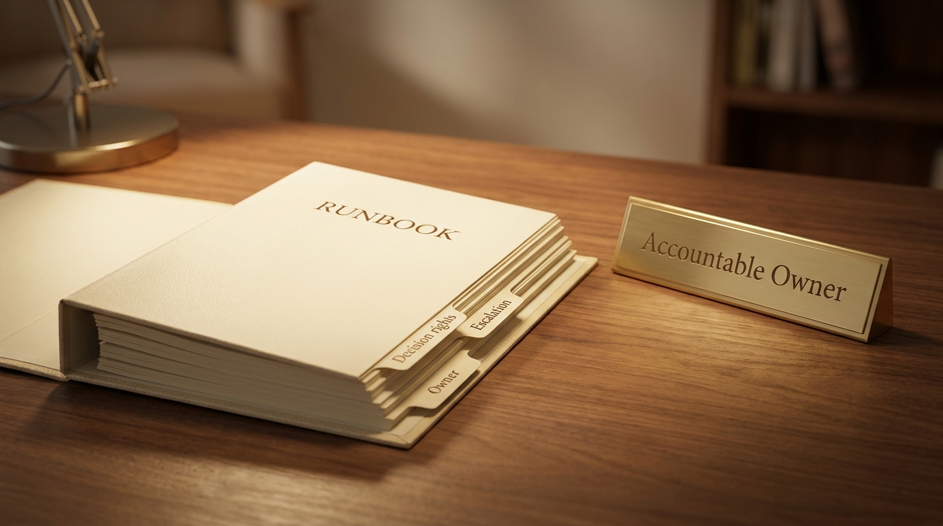 An open printed Runbook binder with tabs for decision rights, escalation, and owner, beside a brass nameplate reading Accountable Owner on a walnut desk