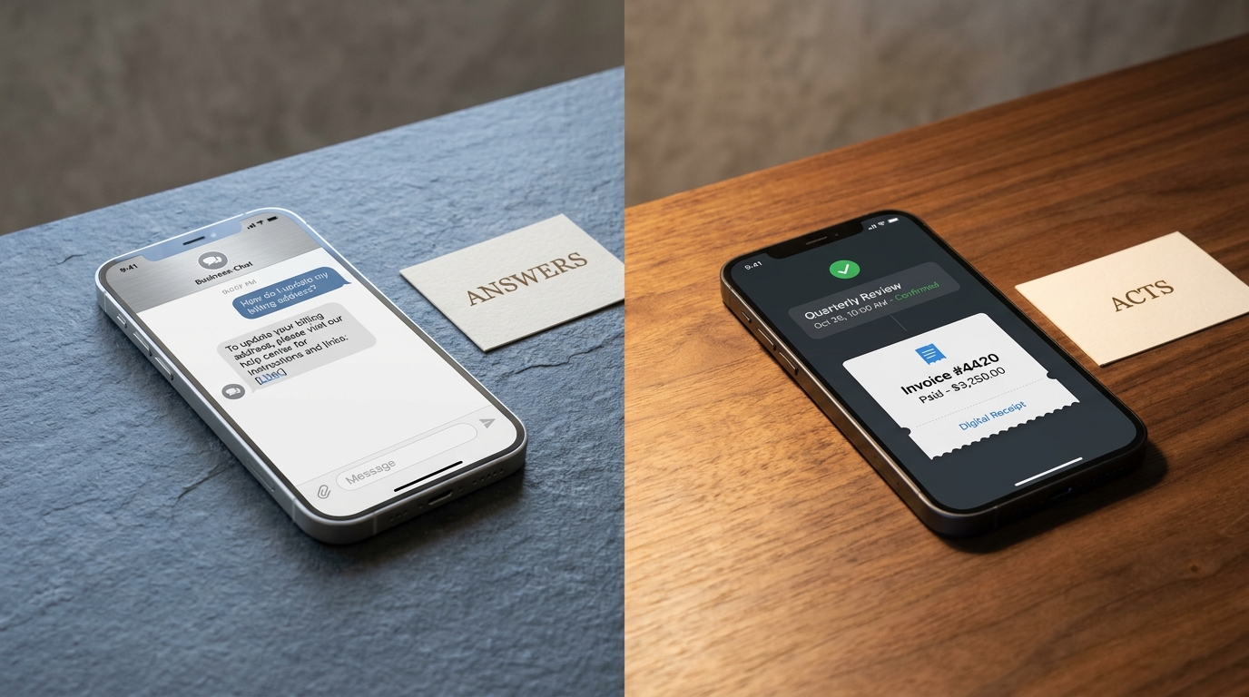 Split image: a silver phone showing a scripted chat reply labeled Answers beside a graphite phone showing a completed booking and paid receipt labeled Acts