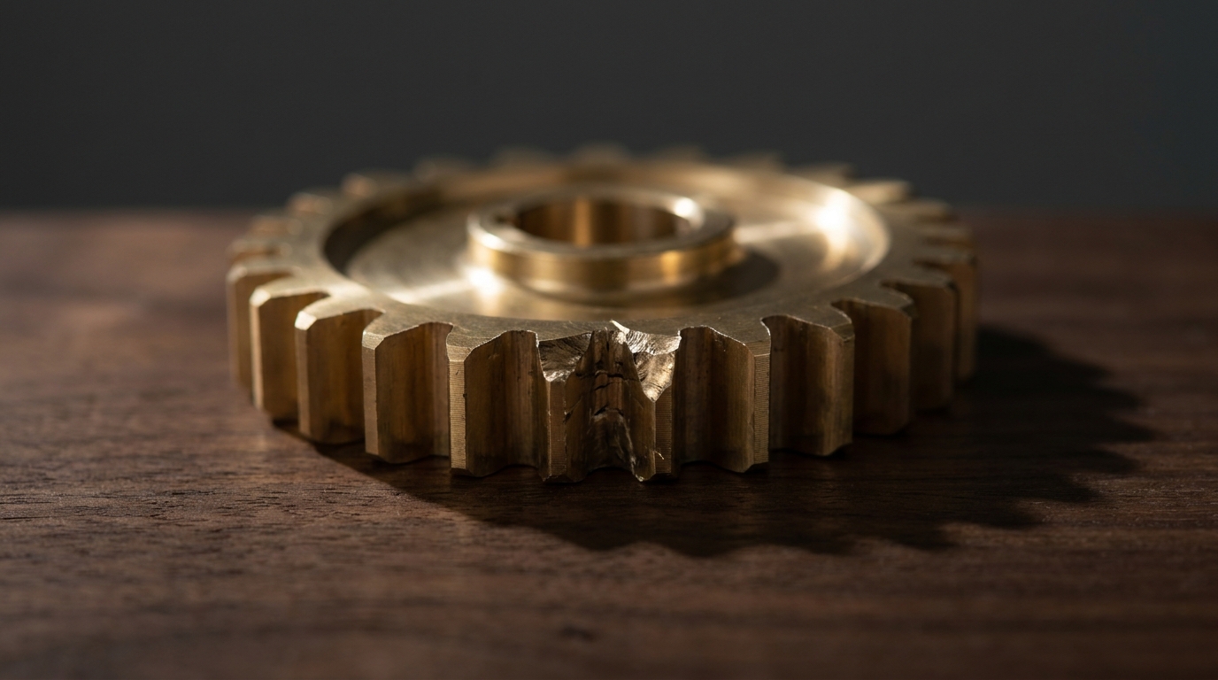 A polished brass gear with one broken tooth, the fracture sharply lit, casting a long shadow on dark walnut