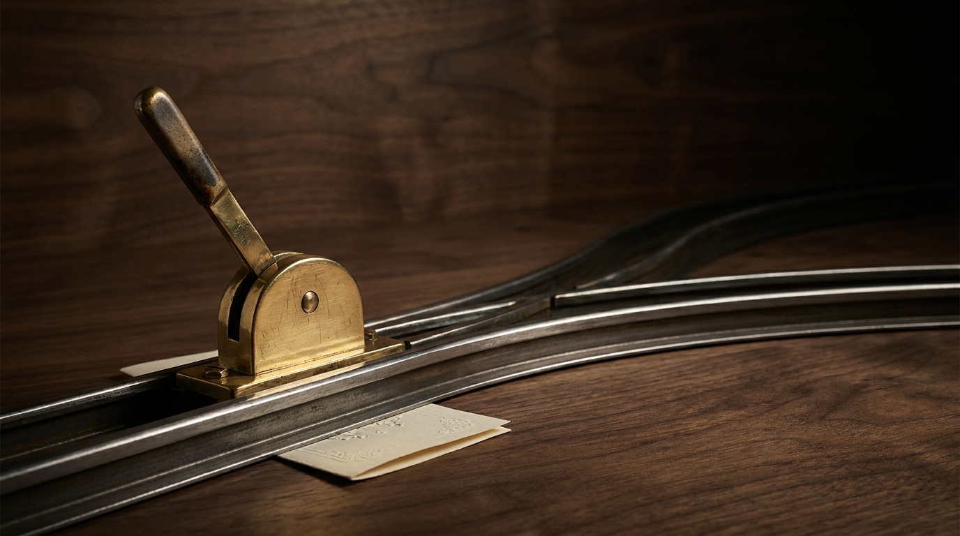 A brass railway switch lever where one track splits into three diverging polished rails on a dark walnut surface