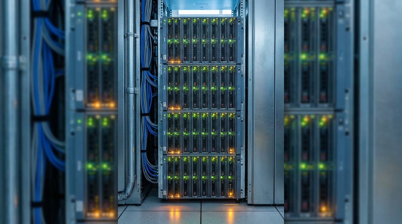 A long real data-center cold aisle with two walls of server racks, blinking LEDs and overhead cooling ducts