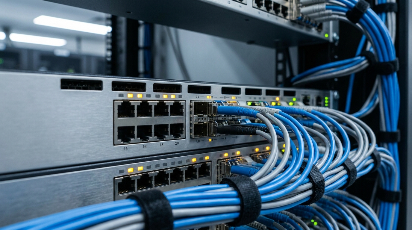 Macro close-up of a real network switch and fiber-patch panel with lit link LEDs and bundled patch cables