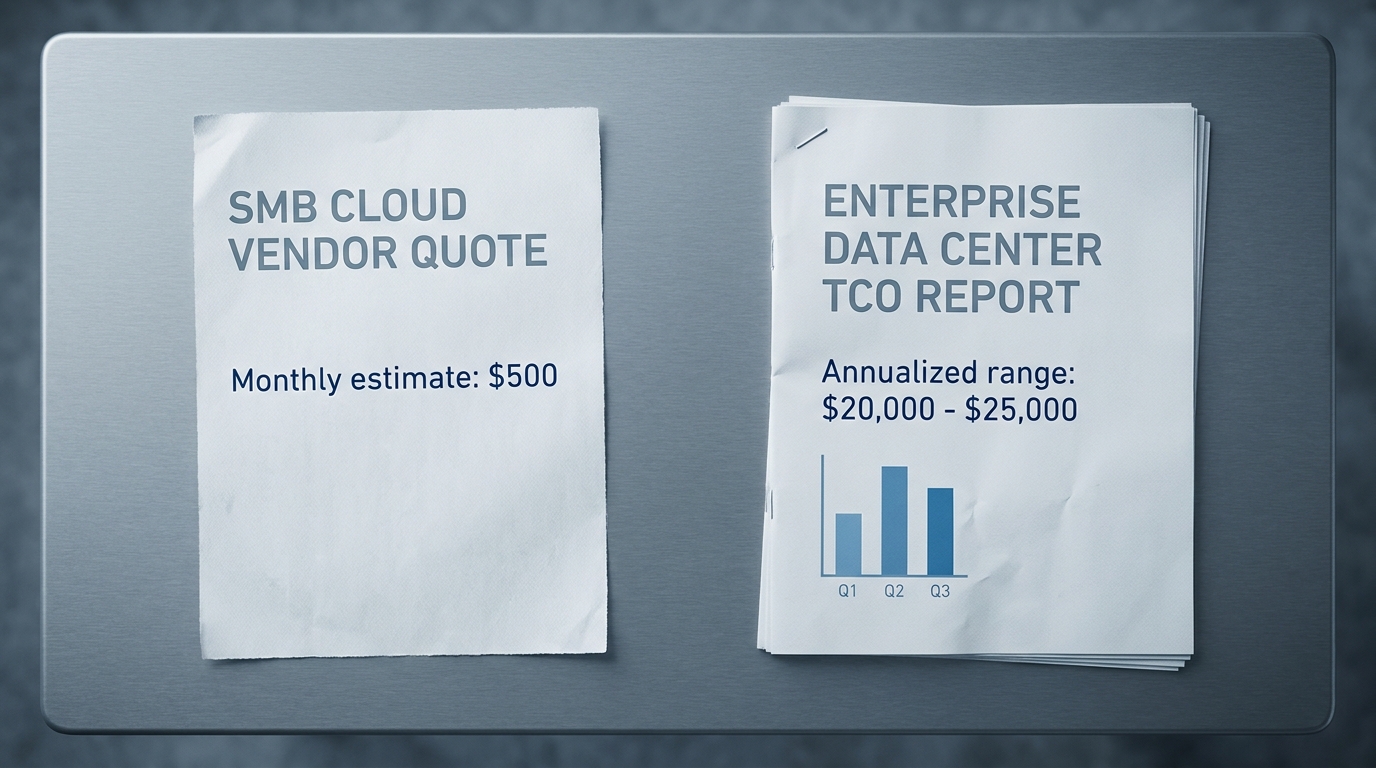 Two printed cost sheets side by side on a desk: a thin single-page low quote and a thick multi-page enterprise TCO report