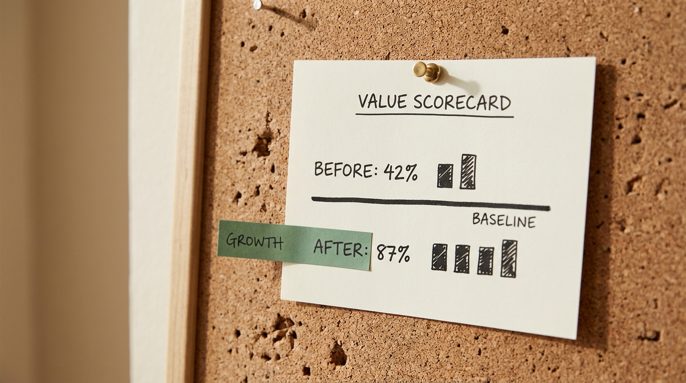 A printed value-scorecard sheet pinned to cork, showing before-and-after metric rows with a hand-drawn baseline