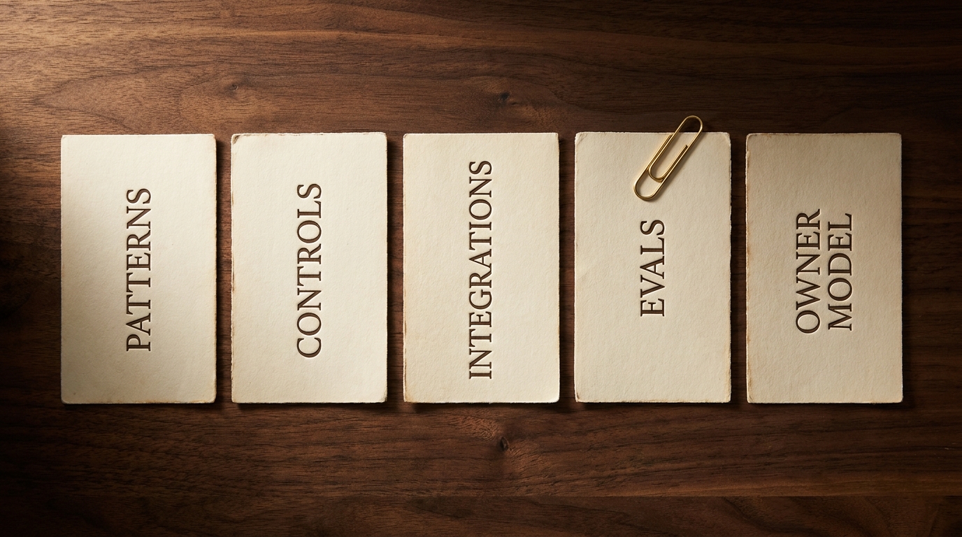 Five cream cards in a row on walnut labeled Patterns, Controls, Integrations, Evals, Owner Model with a brass clip